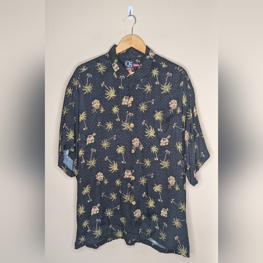 Quicksilver Mens Button Down Hawaiian Shirt Size L Palm Trees Tiki Huts